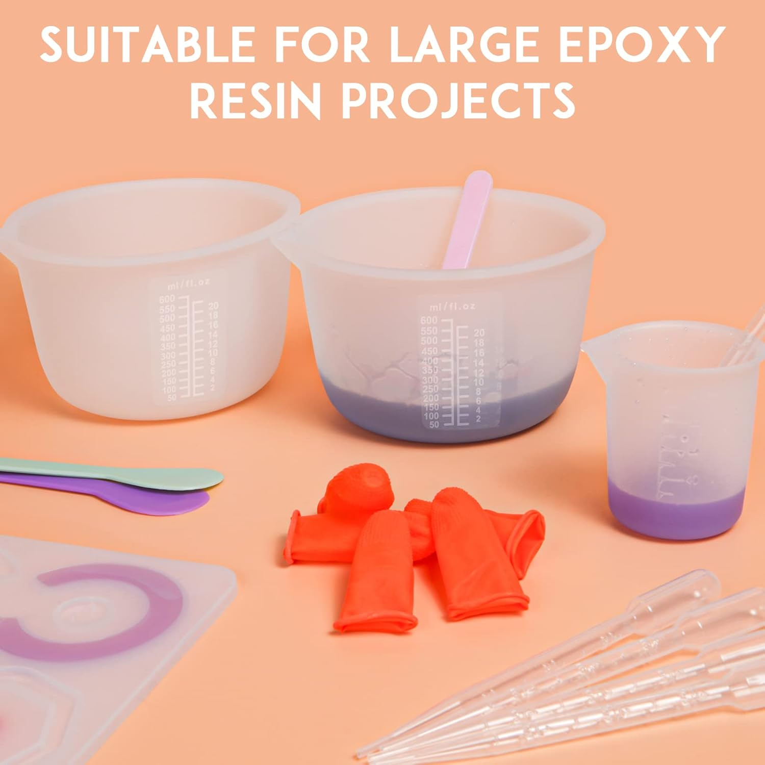 Silicone Resin Measuring Cups Tool Kit, Non-Stick Large Silicone Bowls for Epoxy Resin, Reusable 600&100Ml Silicone Mixing Cup with Stir Sticks, Pipettes, Epoxy Resin Supplies, Molds, Jewelry Making - 2Pcs 600Ml image number 2