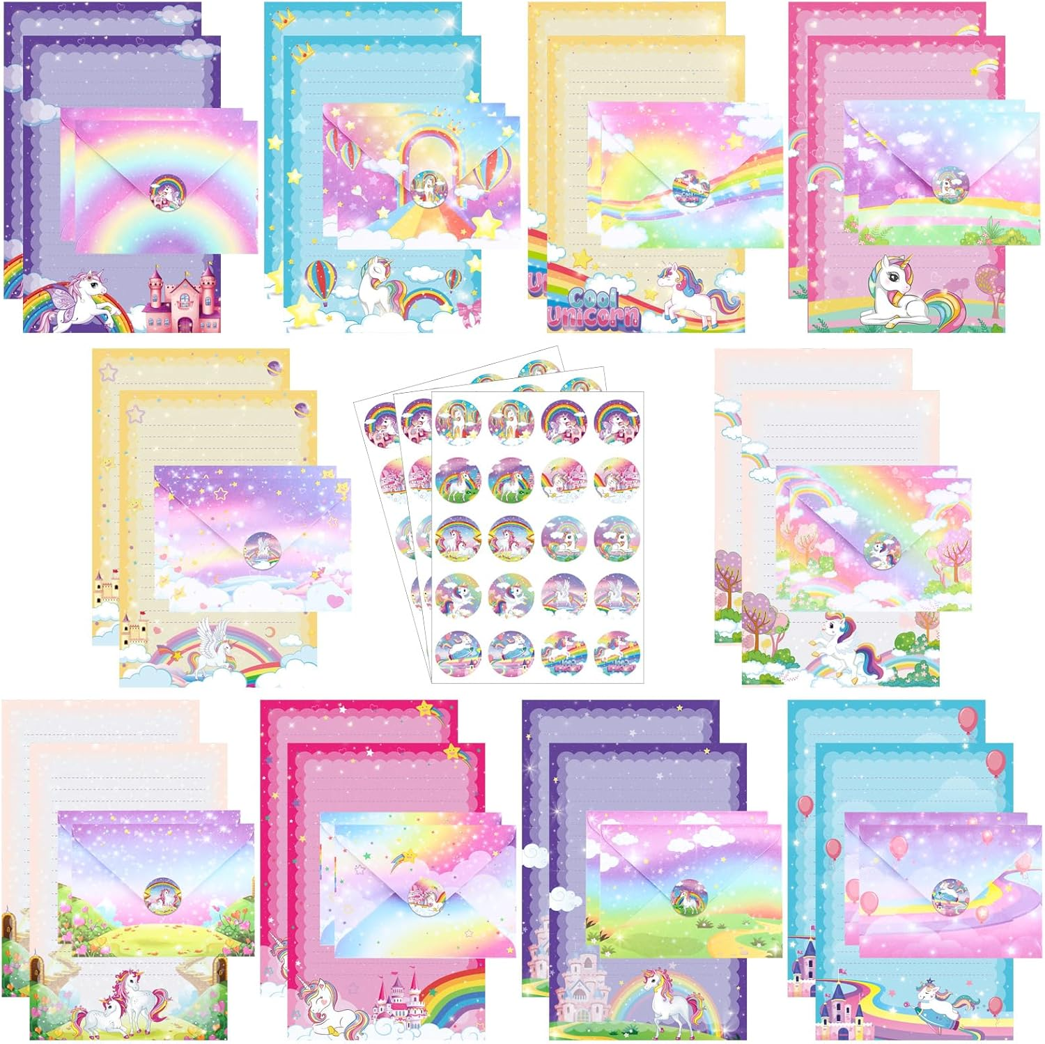 Taobary 160 Packs Mini Rainbow Unicorn Stationery Paper Set 50 Double Sided Stationery Writing Papers Matching Envelopes and 60 Unicorn round Dot Stickers, 5.5 X 8.25 Inch, 10 Designs image number 3
