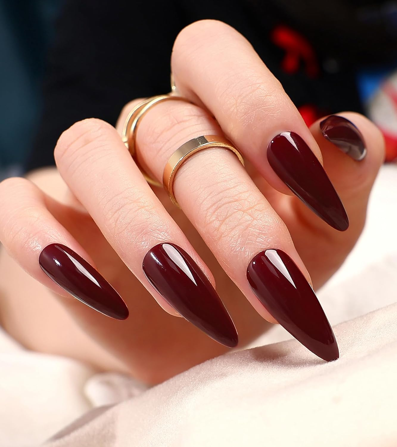 Morily 24Pcs Wine Red Press on Nails Medium Length Stiletto False Nails Long Fake Nails Glossy Acrylic Stick on Nails Solid Color Almond Full Cover Artificial Nails for Women (Wine Red) - Black,Silver image number 3