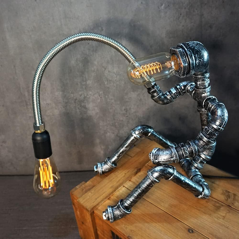 HAMOQI Steampunk Table Lamp Water Pipe Robot Vintage Industrial Style Desktop Cool Table Lamp for Bedside Cafe Bar Night Light Desk Decorations Birthday New Year Gifts image number 1