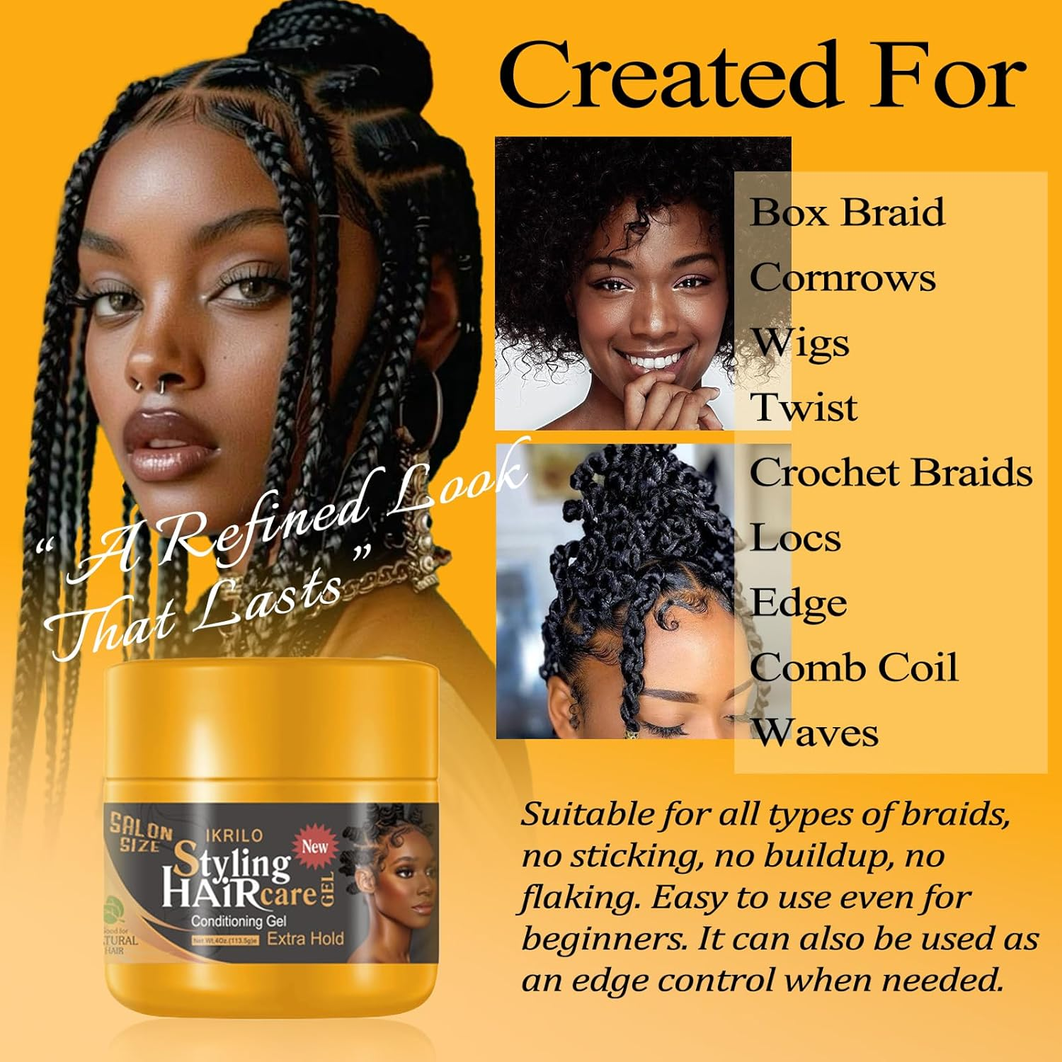 Beaufairy 113.5 Ml Braiding Gel, Extra Hold Hair Gel, Styler Hair Gel, Extreme Hold for Hair Defining, Reduces Frizz for Braids, Locs, Twists, Cornrows, Wavy Kinky Hair, Suitable for Women Man image number 3