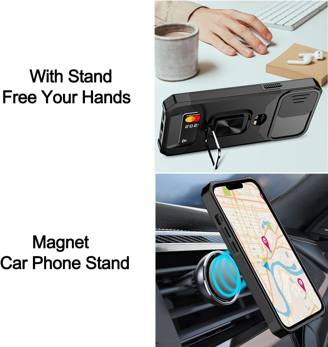 Case for Iphone 13 Pro Max Case 6.7'' with Stand, Credit Card Slot, Military Grade Shockproof Portective Case, Slide Camera Cover, Compatible with Magnetic Car Mount Holder (Purple) - Rose Gold image number 5