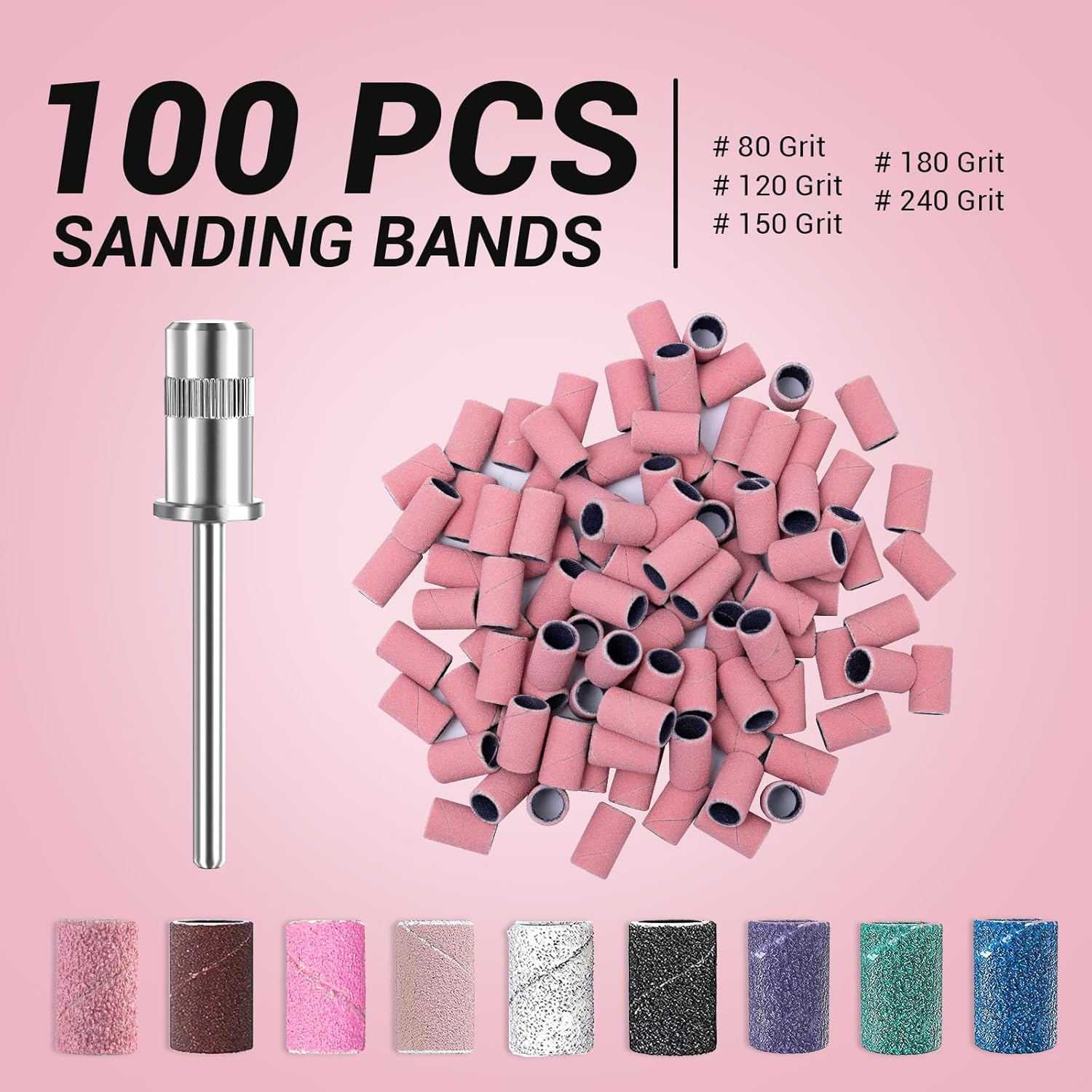 Melodysusie 100 Pcs Nail Drill Bits Sanding Bands for Nail Drill 180 Fine Grit Nail File Sanding Bands for Acrylic Nails Gel Manicures and Pedicure