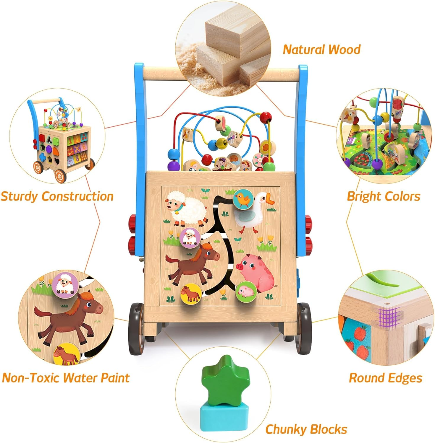 Wooden Baby Walker Activity Center Cube Sit-To-Stand Learning Farmyard Push & Pull Educational Toys Set Birthday Xmas Baby Toddler Boys Girls Age 12+ Months image number 6