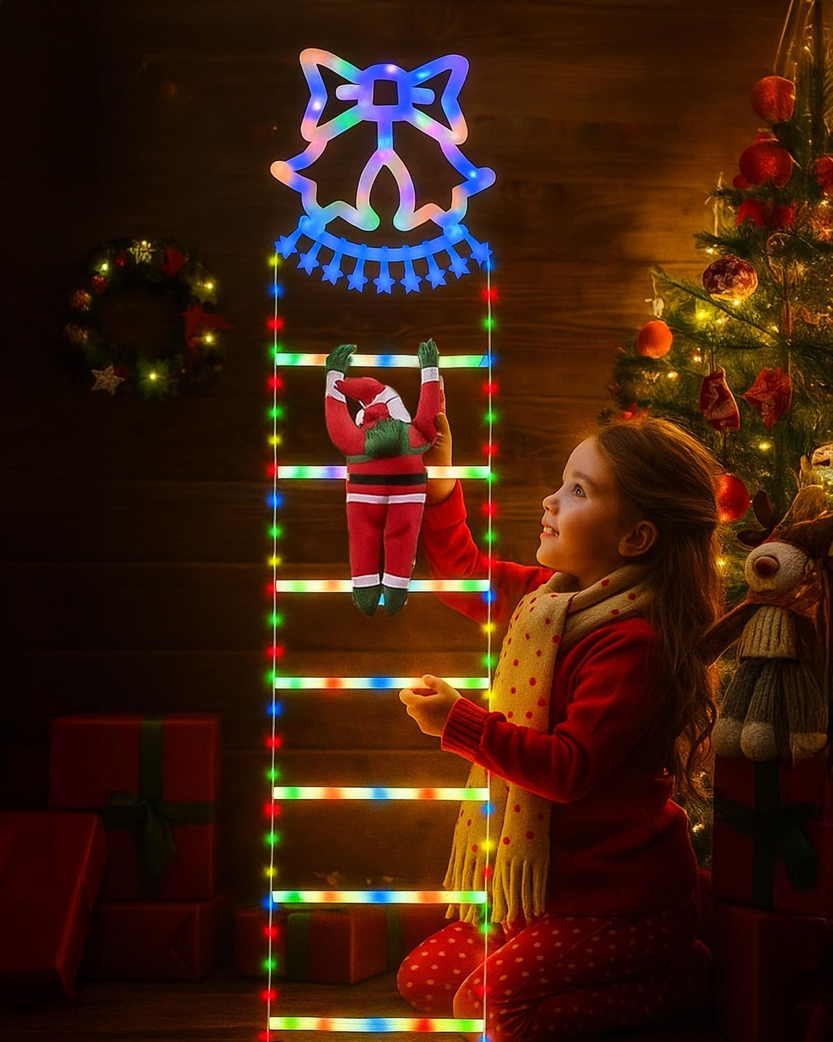 Theapro LED Christmas Ladder Lights 5.7FT/1.75 M Climbing Santa Claus Decorative Lights Battery Operated with 8 Mode Waterproof Fairy String Lights for Xmas Tree Outdoor Indoor (Multi-Color) image number 1