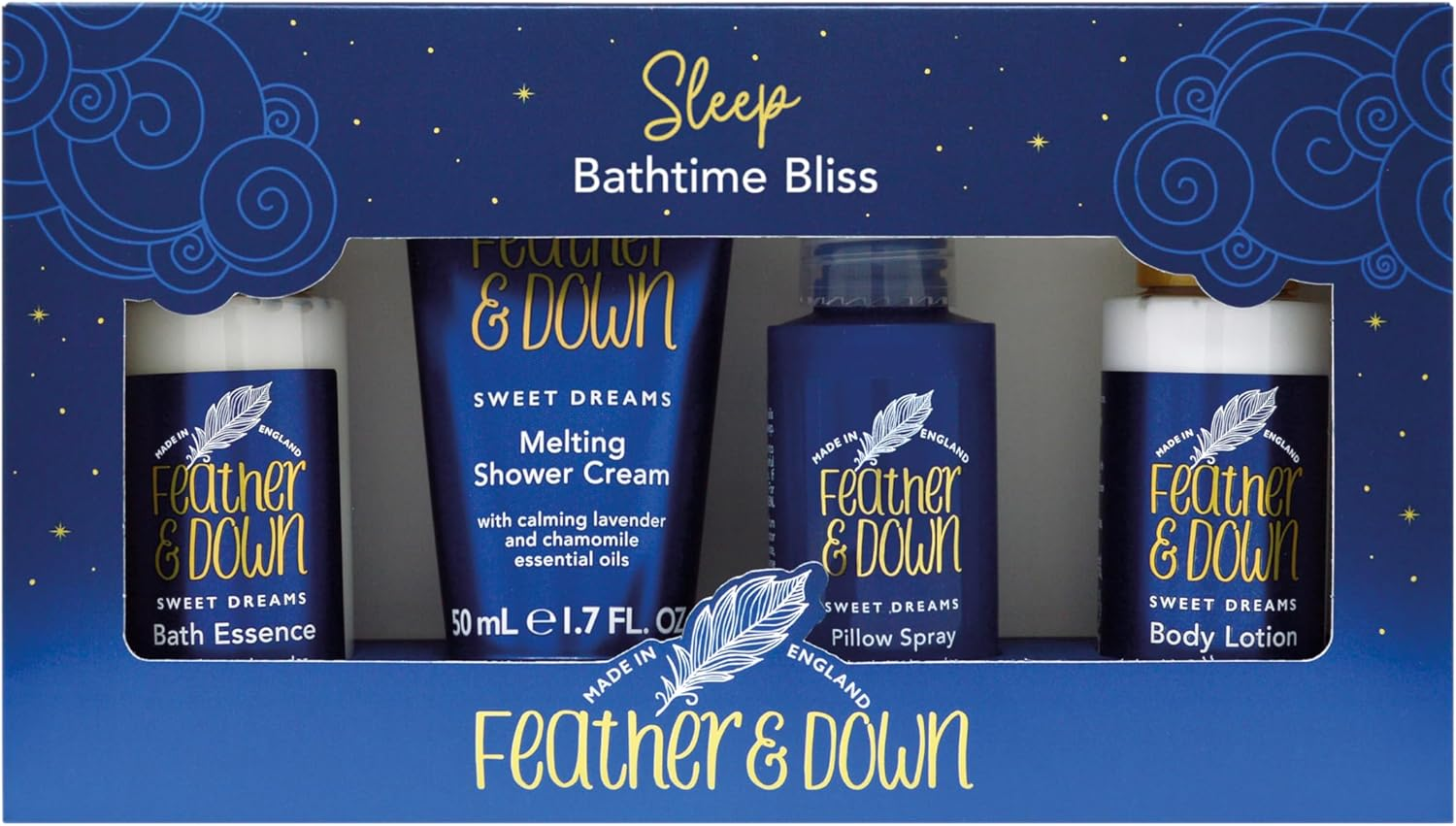 Feather & down Bathtime Bliss Gift Set (Shower Cream, Pillow Spray, Bath Essence & Body Lotion) - Bath Set with Lavender & Chamomile Essential Oils. Vegan Friendly & Cruelty Free. image number 4