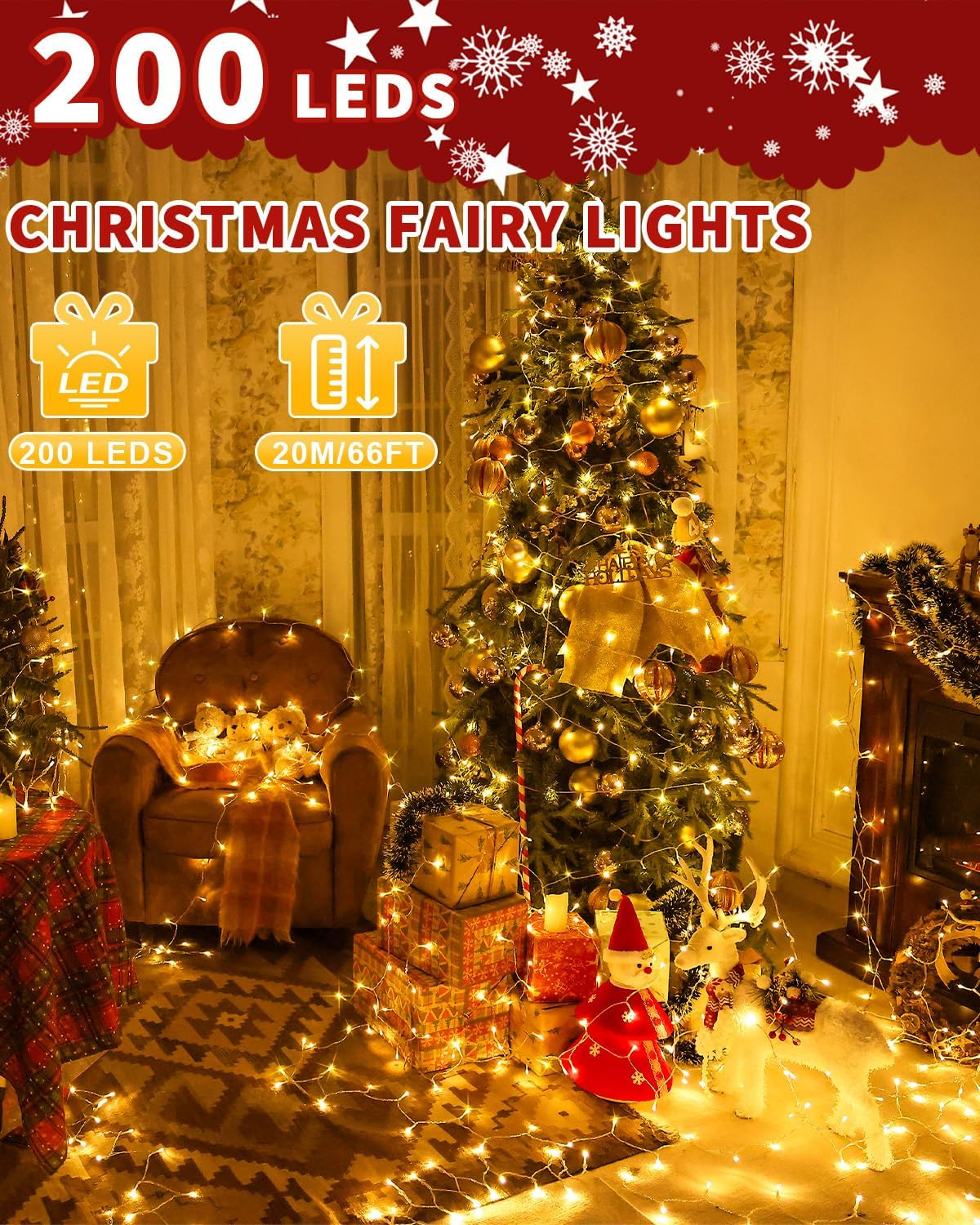 Christmas Lights String Outdoor Indoor, 200 LED 65.6FT Warm White Xmas Tree Decorations Lights, Plug in Twinkle Fairy Light with Remote Timer Dimmable for Room Yard Holiday Party Wedding Camping Decor image number 5