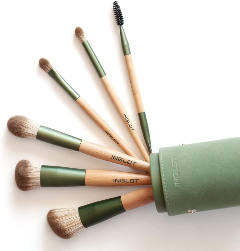 INGLOT Brush Tube Makeup Set - 6 Professional Synthetic Brushes in a Stylish Green Travel Bag | Ideal for Everyday Use and Travel | for Face, Eyes and Eyebrows | image number 4