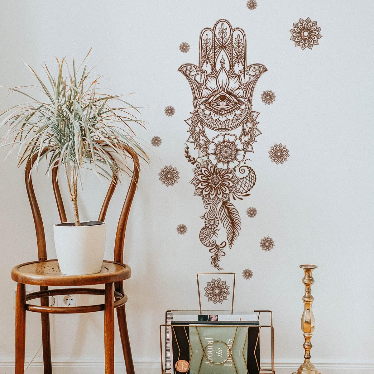 Runtoo Mandala Wall Art Decal Grey Boho Floral Hamsa Hand Zen Wall Stickers for Bedroom Living Room Yoga Home Decor image number 1