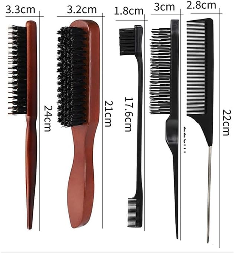 Weforu 5Pcs Boar Bristle Brush Set, anti Static Quiff Roller Hair Brush for Men and Women, Wooden Handle Bristle Slick Back Teasing Boar Bristle Sleek Styling Hair Brush image number 3