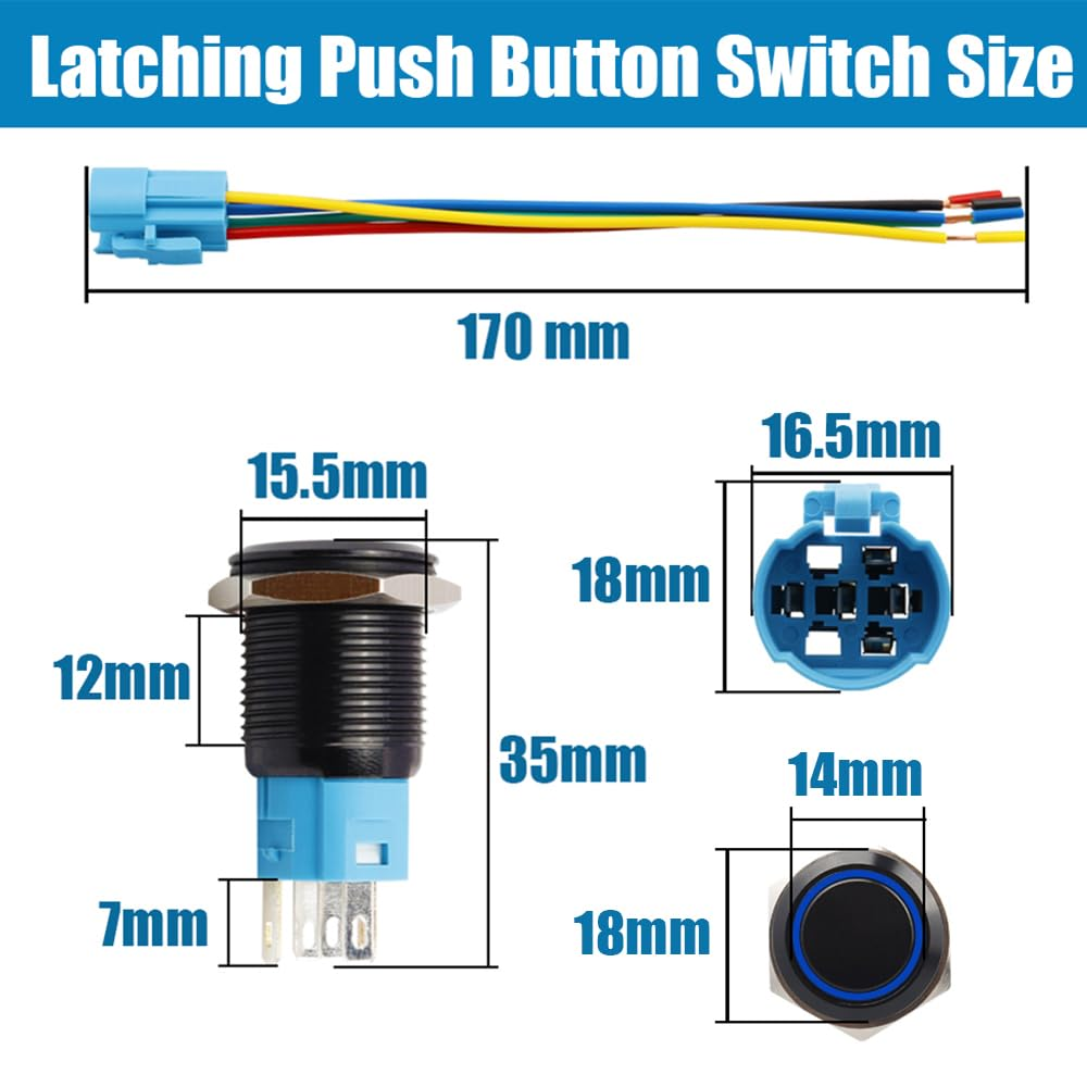 Yakamoz 2Pcs 16Mm Waterproof Latching Push Button Switches, 12V Self-Locking Button on off with Sockets Blue LED Wiring Harness for Automotive, Marine, Industrial Machinery and DIY.
