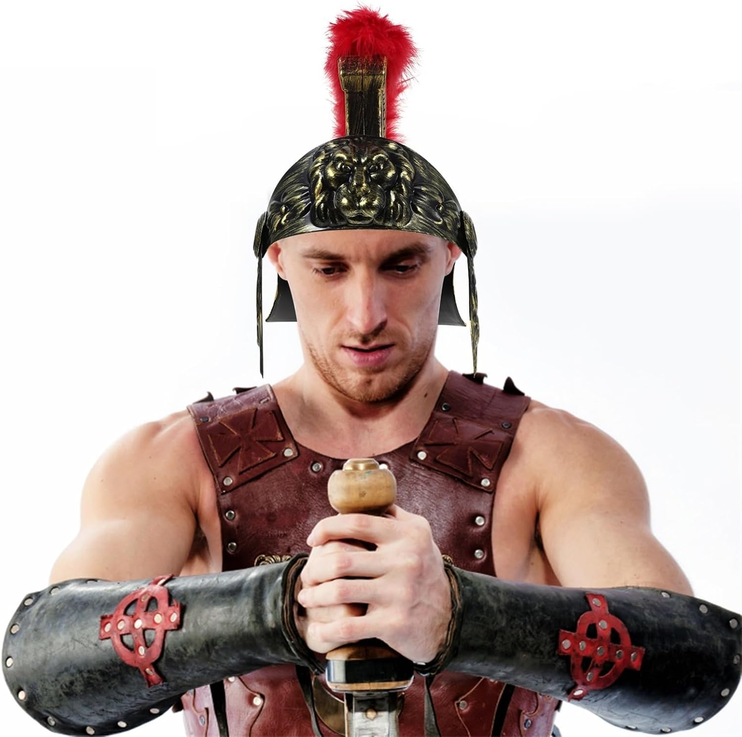 Tofficu Medieval Knight Greek Spartan Helmet Costume Gold Gladiator Warrior Roman Soldier Helmets Armour Viking Knight Helmet Headwear with Red Feathered Plume Headgear