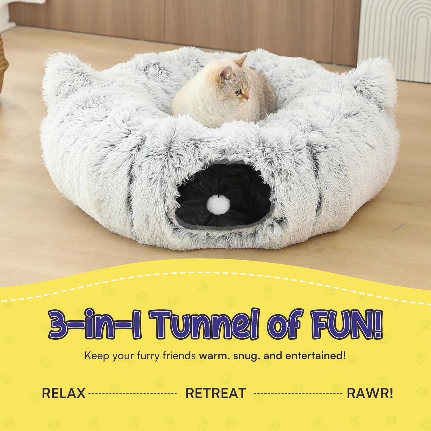 HAOLEYAO Cat Tunnel Bed by - Cat Donut Tunnel - Collapsible Cat Tunnels for Indoor Cats with Kitty Ears Design - Easy Assembly - for Small Cat & Kitten Breeds - Includes Hanging Ball image number 5