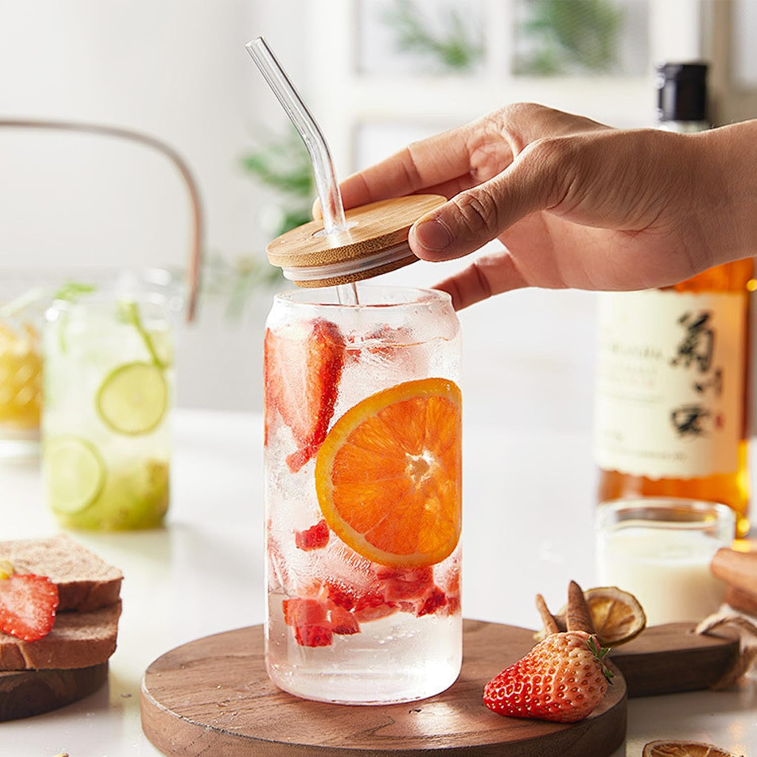 T Tersely Reusable Glass Straws,Set of Reusable Drinking Straw Including Straight and Bent Straws & 1 Extra Wide Smoothie Straw with Cleaning Brushes for Smoothies, Milkshakes, Juice, Tea image number 1