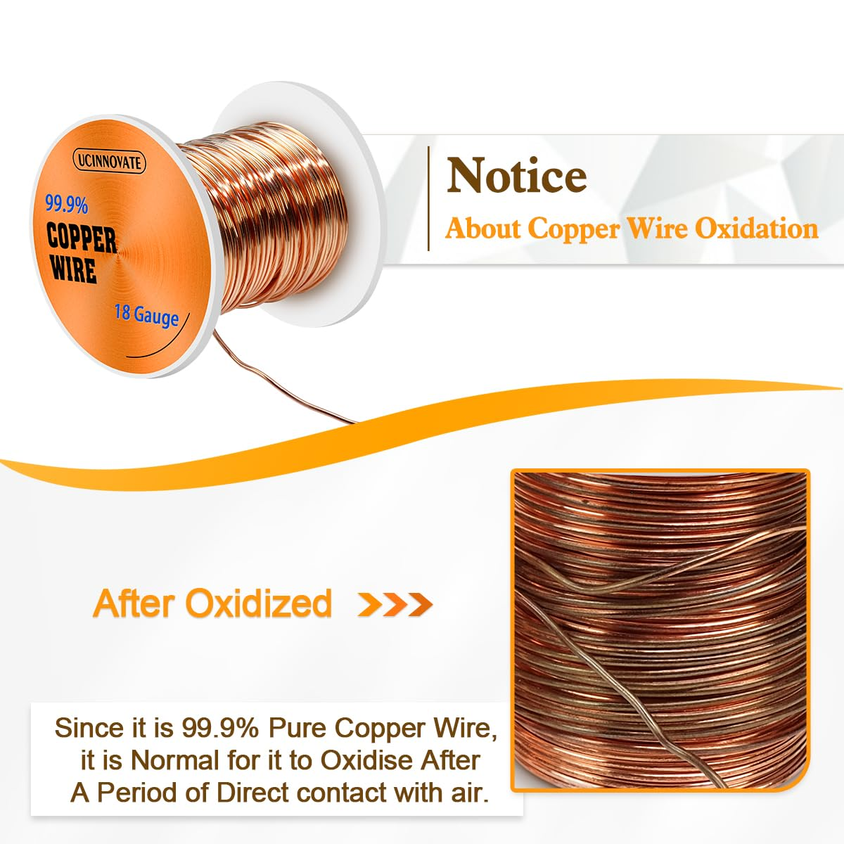 UCINNOVATE 18 Gauge Pure Copper Wire, 18 AWG 99.9% Bare Copper Wire 105FT / 32M 1/2 BL Spool, Solid Soft Copper Wire for Jewelry Making Craftwire, Cooper Wire Coil for Electroculture Gardening Antena image number 1