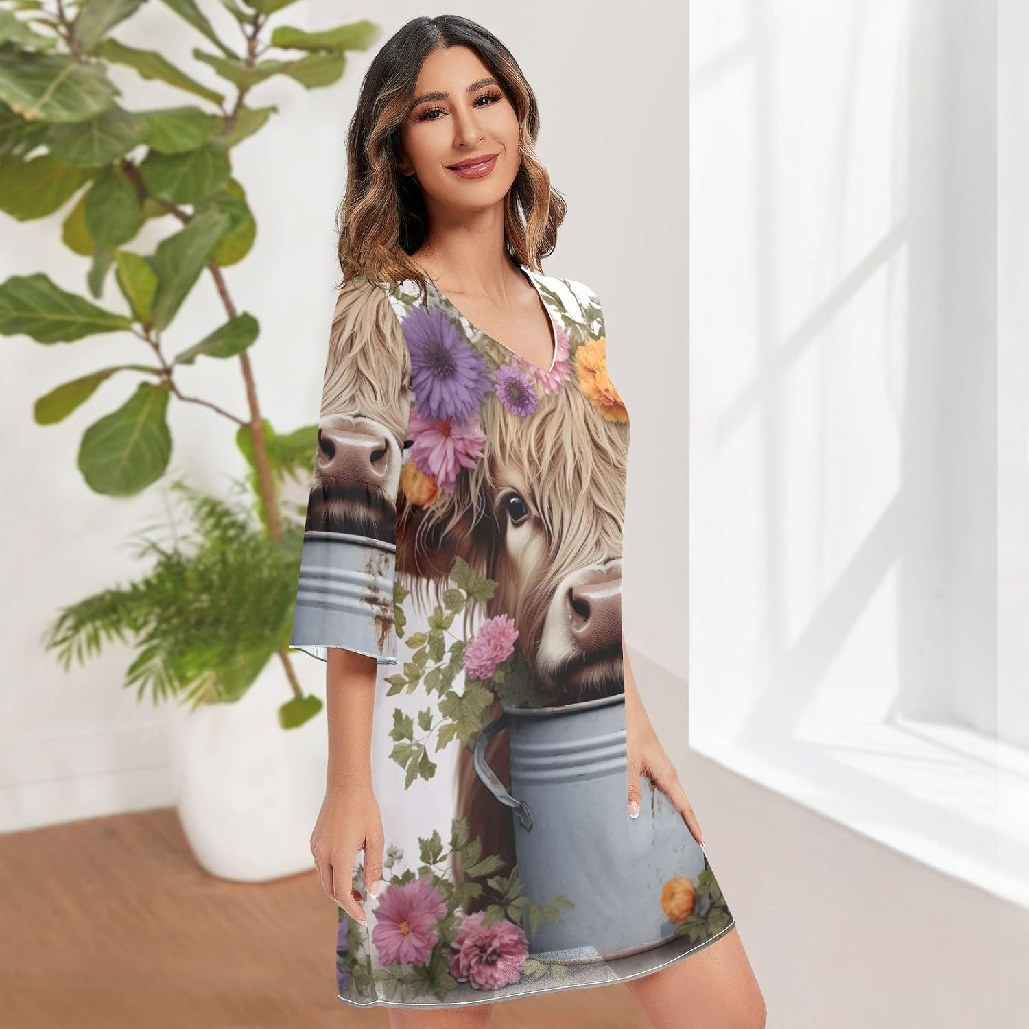 Highlands Cow and Flowers Summer Dress Printed Line Maternity Dress S-XXL image number 5