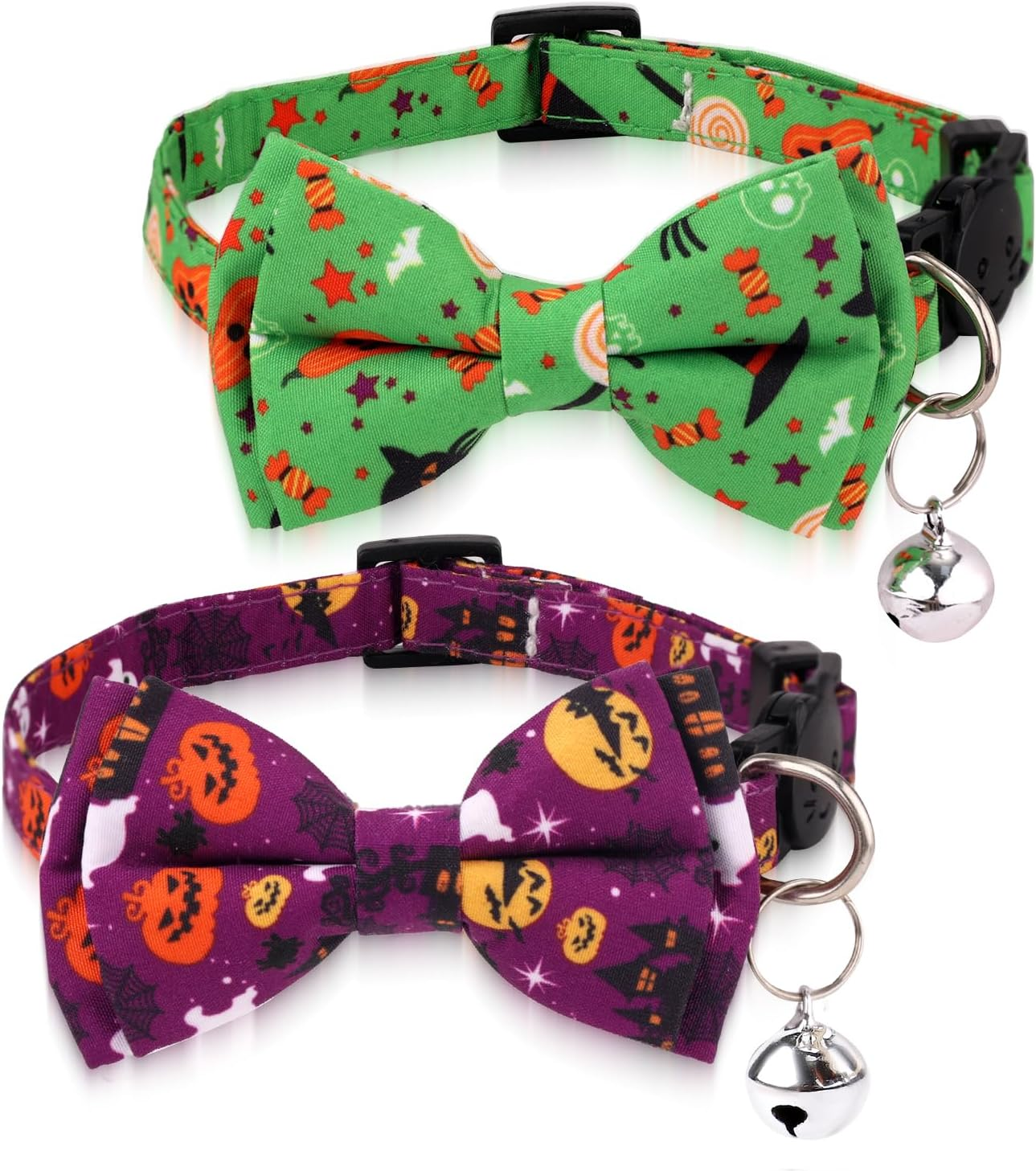 2Pcs Halloween Cat Collars, Adjustable Cotton Fabric Halloween Cat Collar with Bell Cute Soft Comfortable Kitten Collar with Bow (Green+Hat, Purple+Pumpkin) image number 5