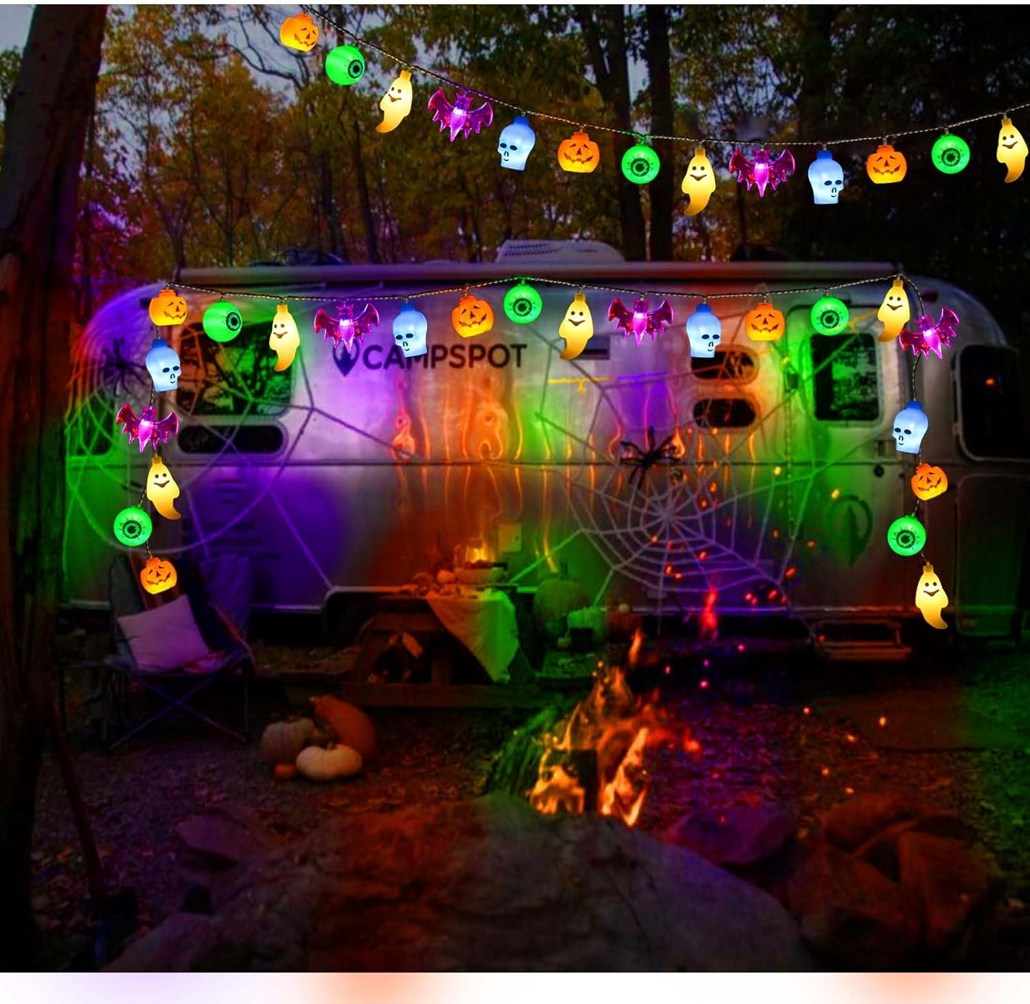 2024 Newset 5-IN-1 Solar Halloween String Lights for Outdoor Decor, Spooky Skull Bat Ghost Eyeball Pumpkin Lights for Halloween outside Window Door Golf Cart Camper Balcony Porch Railing Decorations