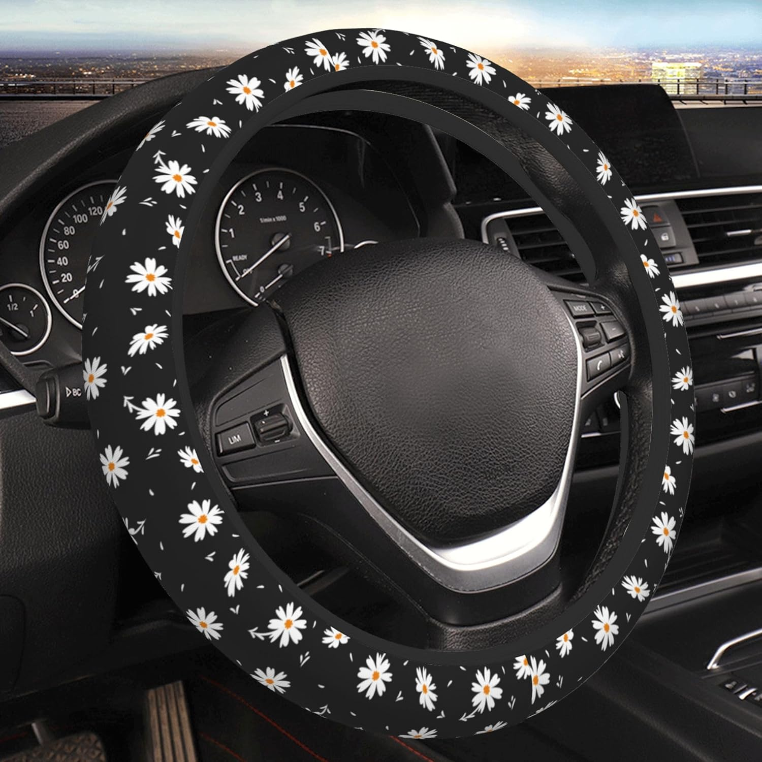 Daisy Floral Steering Wheel Cover Women Girls Cute Flower Car Steering Wheel Cover Black Anti-Slip Soft Neoprene Auto Accessories Interior Decor Protector Covers Gifts Elastic Universal 15 Inch