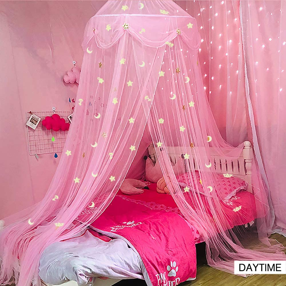 Bed Canopy for Girls with Glow in the Dark Stars Moons, Princess Canopy Dome Mosquito Net Birthday Gifts for Kids Bedroom Decor Pink image number 6