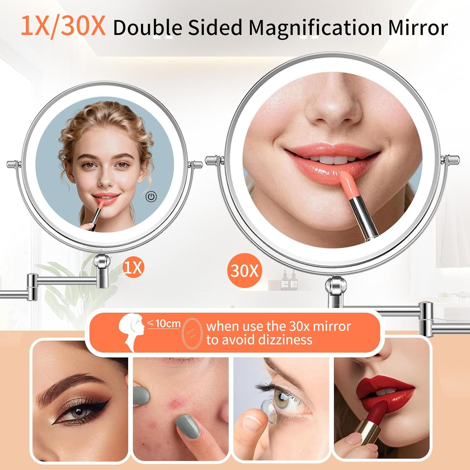 Famihomii Rechargeable Cosmetic Mirror with LED Lighting, Makeup Mirror with 1-10X Magnification and Touch Switch Battery