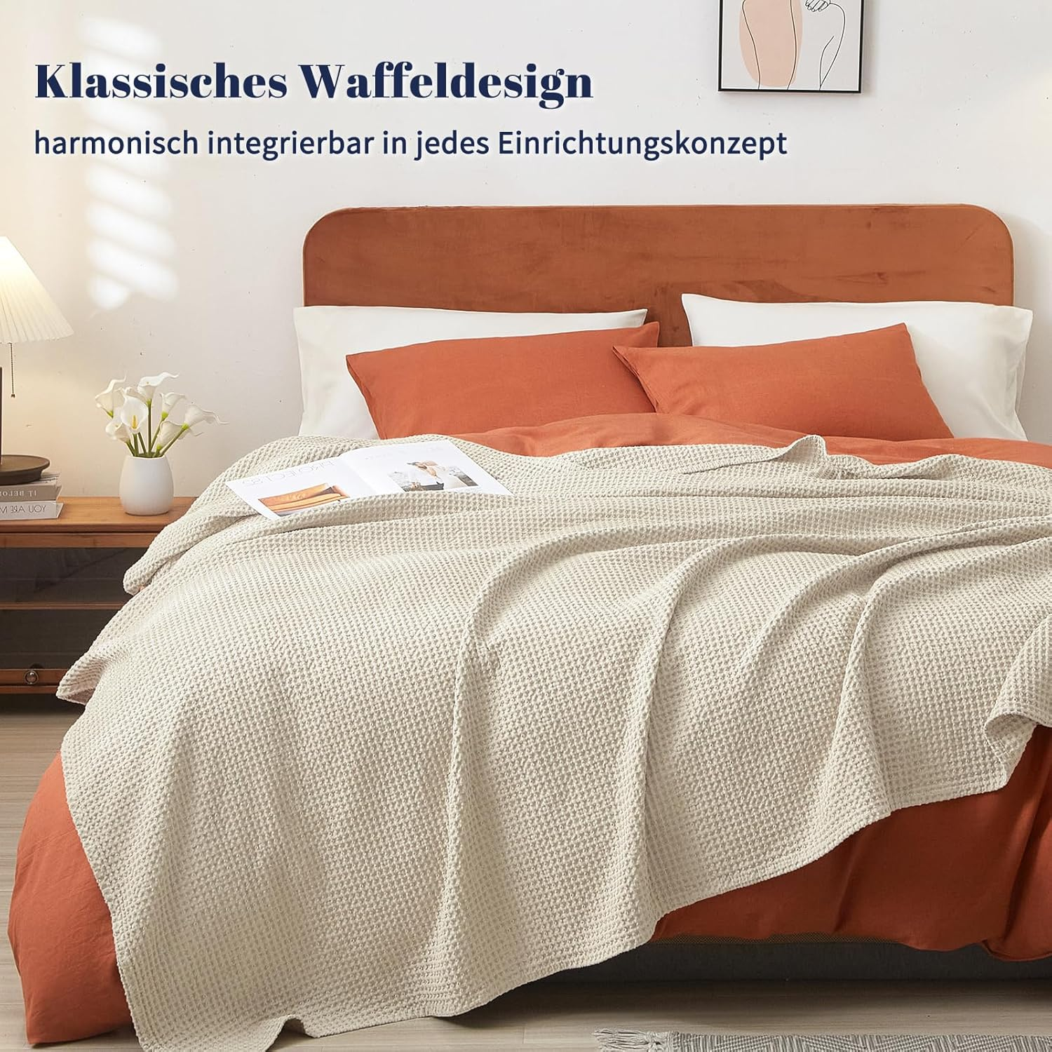 PHF 100% Cotton Waffle Blanket, Cuddly Blanket, 220 X 240 Cm, Lightweight and Breathable, Perfect for Summer, Oeko-Tex&reg; Certified, Hotel Linen Quality, Ideal for Sofa, Couch, Bed, Linen