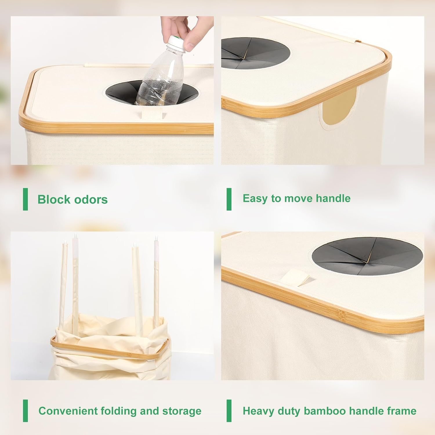 Awobepl Indoor Recycling Bin, 110L Capacity, White, Bamboo + Oxford Cloth, Foldable, Rectangular, Open-Top, Kitchen Laundry Room Recycle Bin image number 1