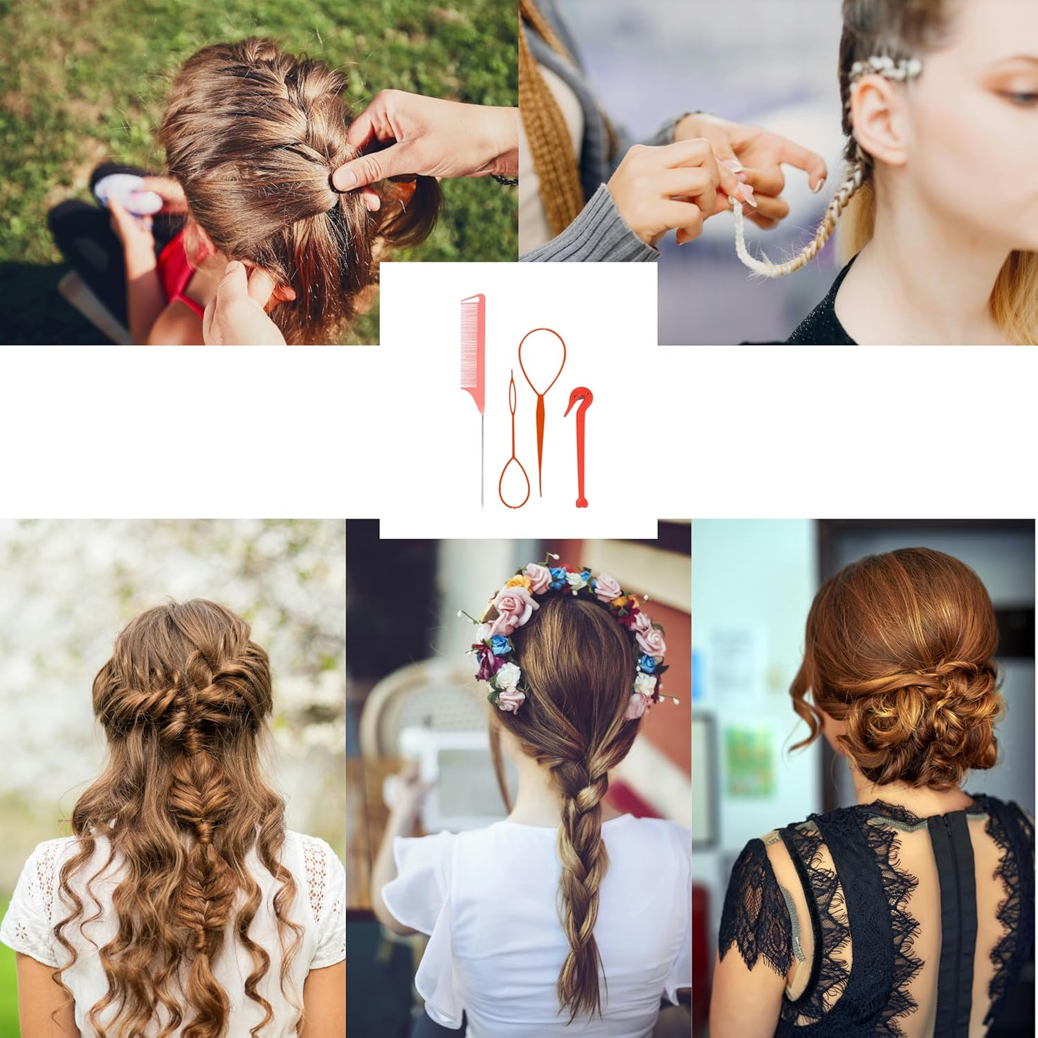 4 Piece Hair Braiding Tool Kit Professional Hair Styling Set for Perfect Braids, Includes Hook, Comb, Clips, and Accessories Ideal for Beginners and Expert (Red) image number 3