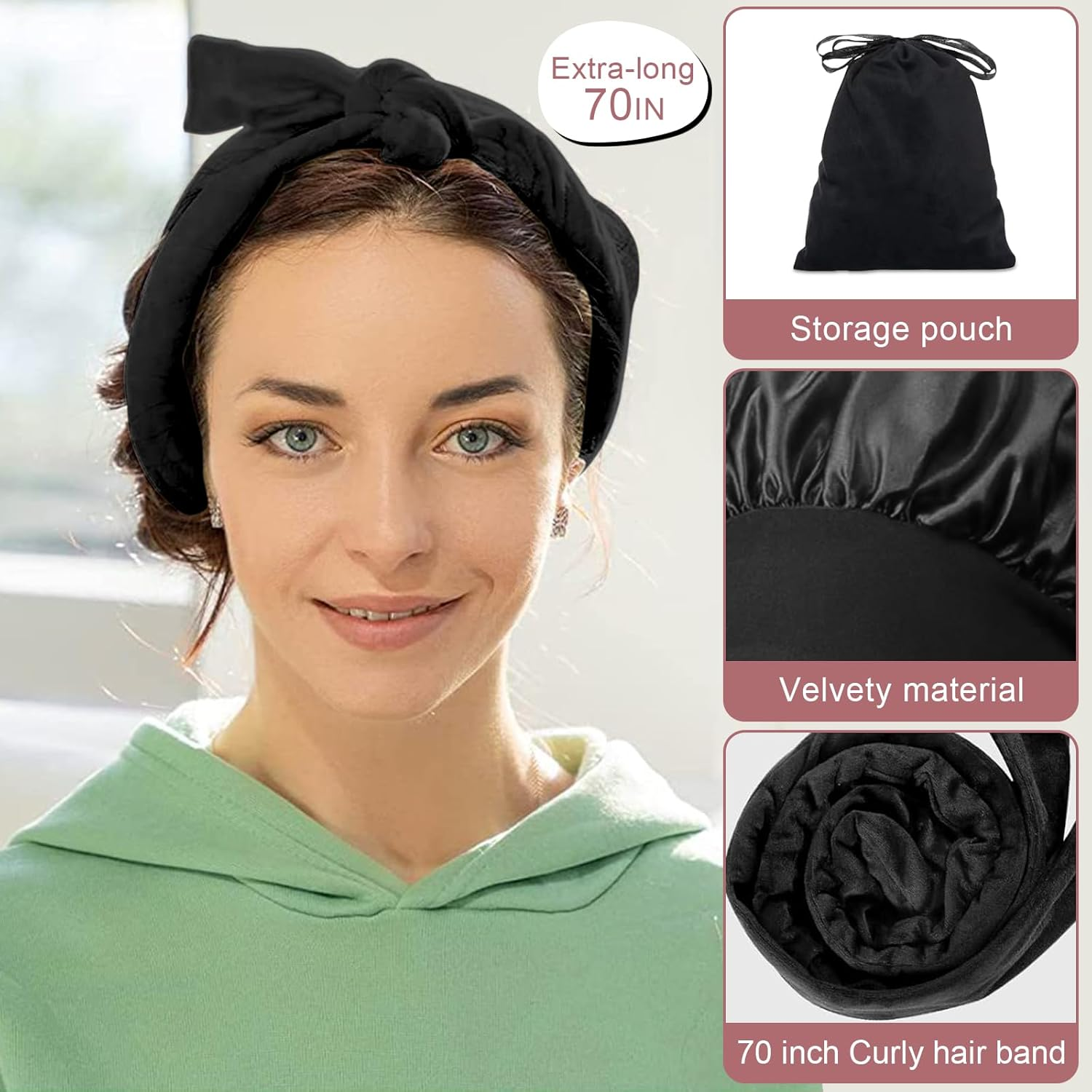 PQETBV Curlers Curls without Heat, Velvet Heatless Overnight Curls Curlers Overnight, 9 Pieces DIY Hair Curler Rollers Curling Tape for Medium Long Hair (Black) image number 2