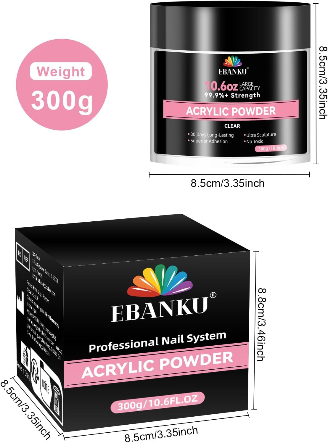 EBANKU 10.6Oz Clear Acrylic Powder, Crystal Transparent Acrylic Nail Powder for Nail Extenstion, Nail Carving, Long-Lasting, No Lamp Needed, Professional Nail Powder for French Manicure image number 3