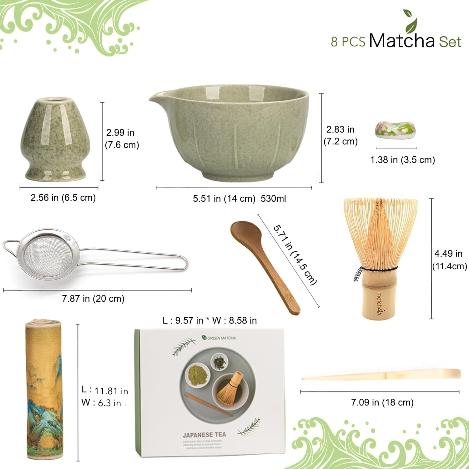 HJB VISSO Matcha Whisk Set - 8PCS Japanese Matcha Tea Kit for Traditional Tea Ceremony, Japanese Tea Making Tools with Whisk, Ceramic Bowl, Scoop,Tea Mat, Classic Green image number 3