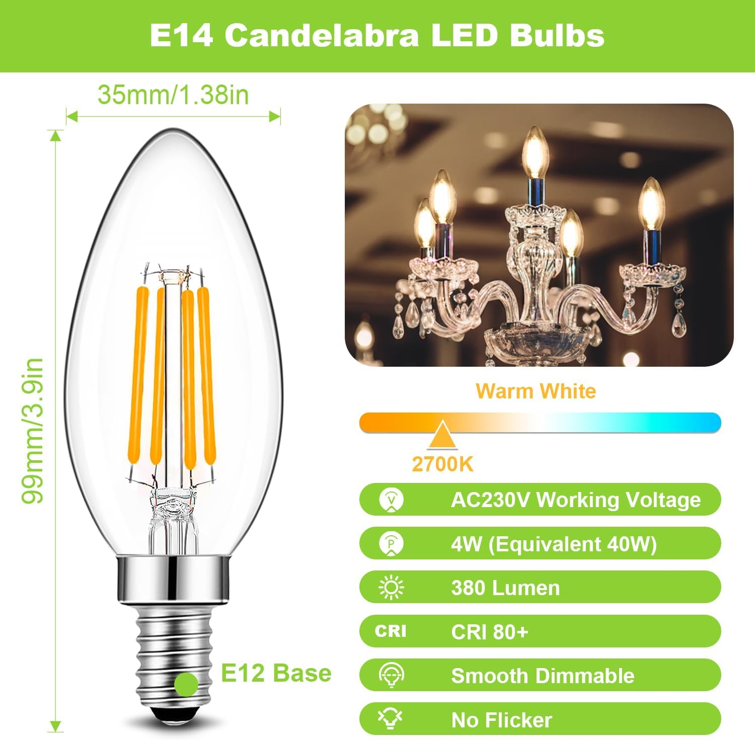 Spacelumen E14 Dimmable Small Edison Screw SES Candle Light Bulbs, 2700K Warm White 4W LED Light Bulb 40W Incandescent Equivalent, Pack of 10 image number 3