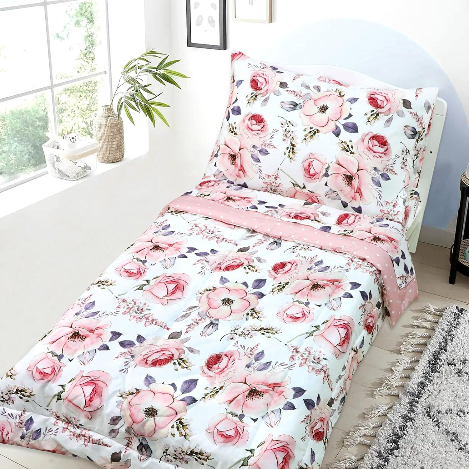 Toddler Bedding Sets for Girls, 4 Piece Soft Crib Bedding Set, Flower Toddler Girl Bed Comforter Set, Includes Pink Floral Series Comforter, Fitted Sheet, Flat Sheet and Pillowcase image number 4