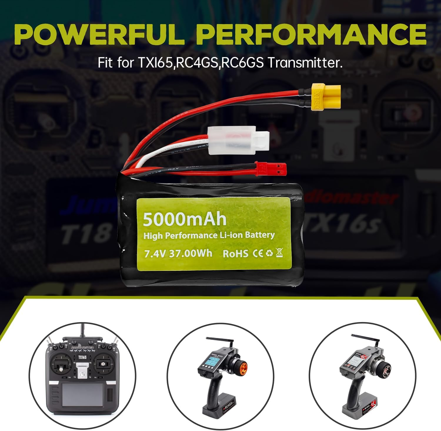 Fytoo 7.4V 5000Mah 2S Li Ion Battery with JST Plug and XT30 Plug with USB Charging Cable Suitable for TX16S, TX18S, RC4GS, RC6GS, TX12 RC Transmitter RC Car Truck Engineering Vehicle Battery image number 2