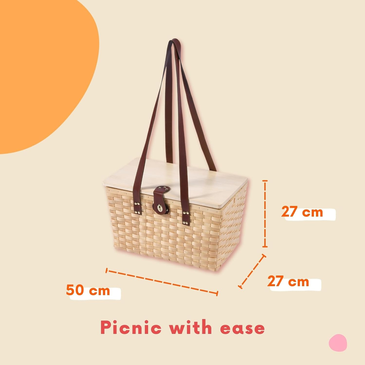 Vibes Barossa 4 Person Natural Wicker Picnic Basket Set Peach Lining Willow Wood with Carry Straps Outdoor Travel Camping Hamper Set Included, Cutlery, Plates, Wine Glass, Corkscrew, Cheese Board - Barossa Natural Wicker Peach image number 4