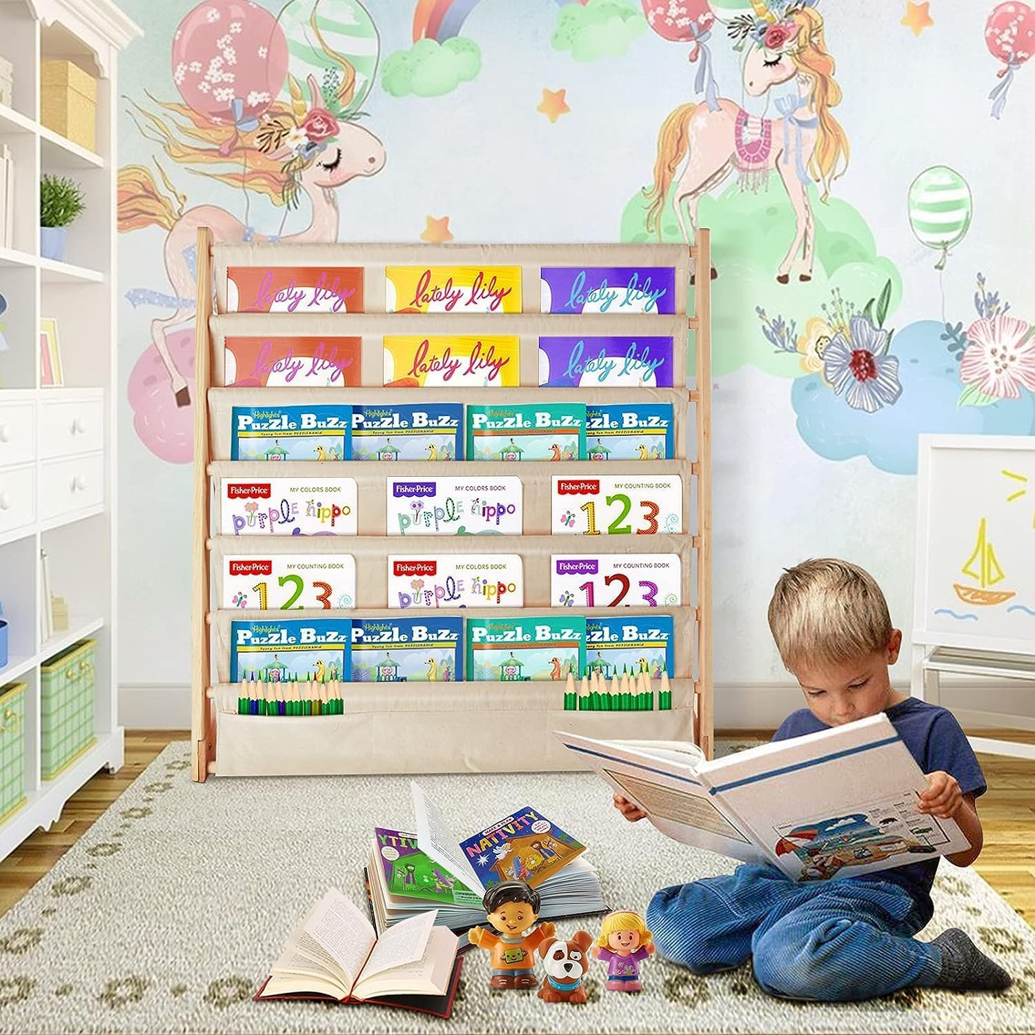 Kids Bookshelf with Deep Sleeve Storage, XICEN 6 Tier Natural Wood Kids Book Rack Storage, Bookcase Organizer, Magazine Rack, Toddler Book Shelf Organizer for Bedroom, Playroom,Toy Storage image number 3