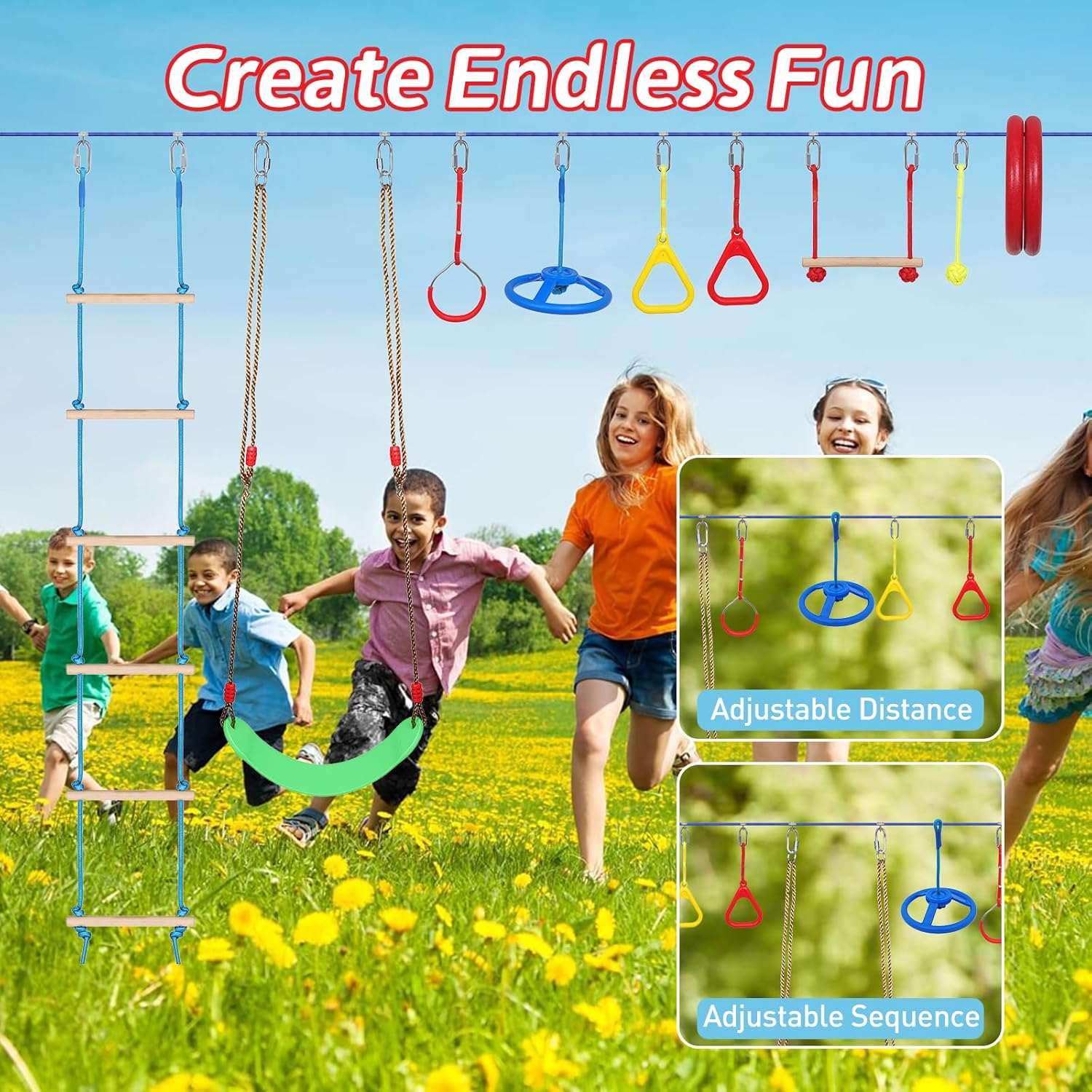 Ninja Warrior Kids Obstacle Course, 55 FT Durable Slackline with 8 Obstacles-Swings, Monkey Bars, Arm Trainers and More, Weatherproof Outdoor Obstacle Course for Backyard, Gym, Field image number 4