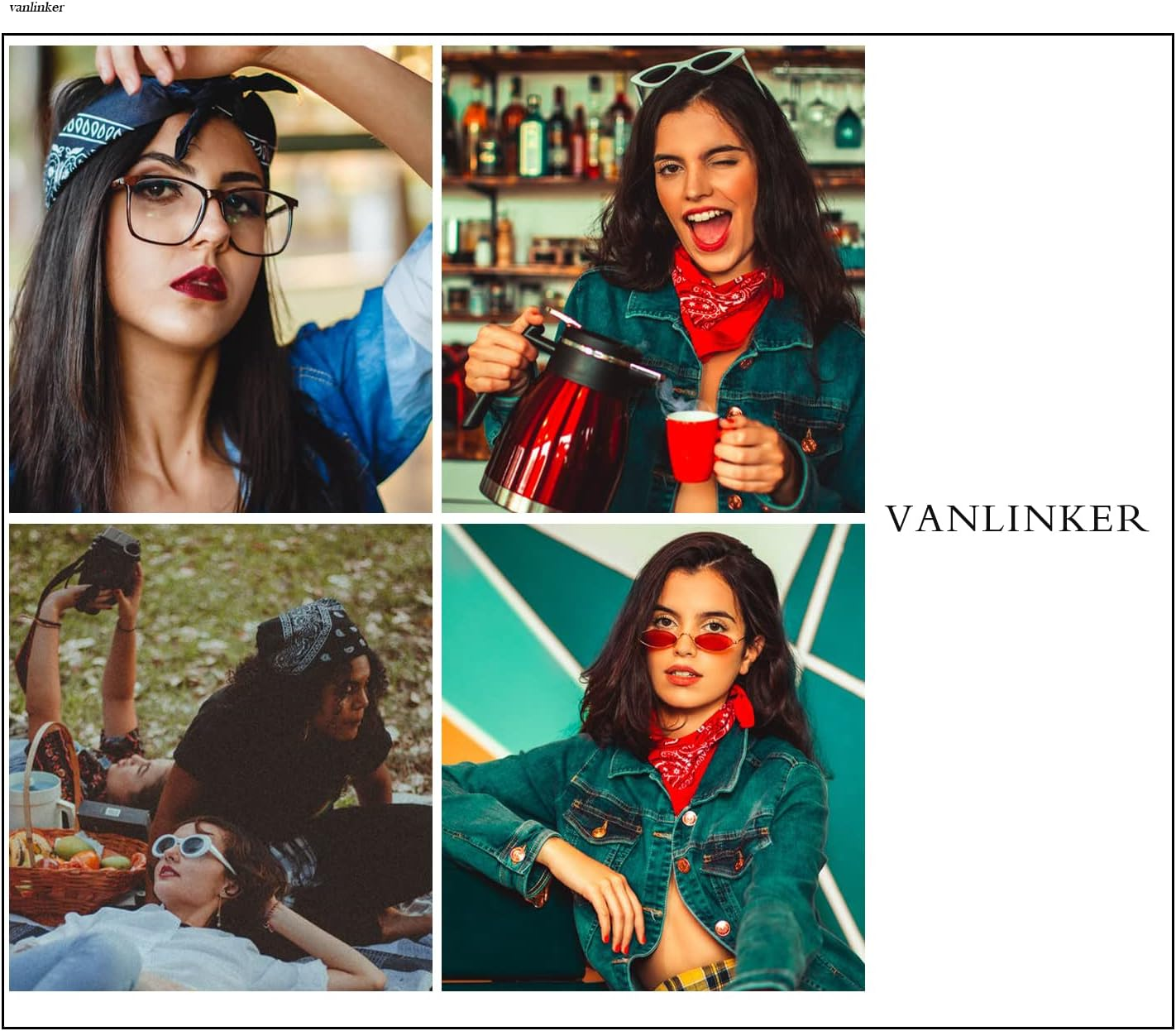 VANLINKER 27.5 Inches Silk Head Scarf for Women Men Vintage Bandanas Satin Hair Scarf Silk Wrap Neck Square Scarves VL9549 - Black+Caramel+Oatmeal image number 6