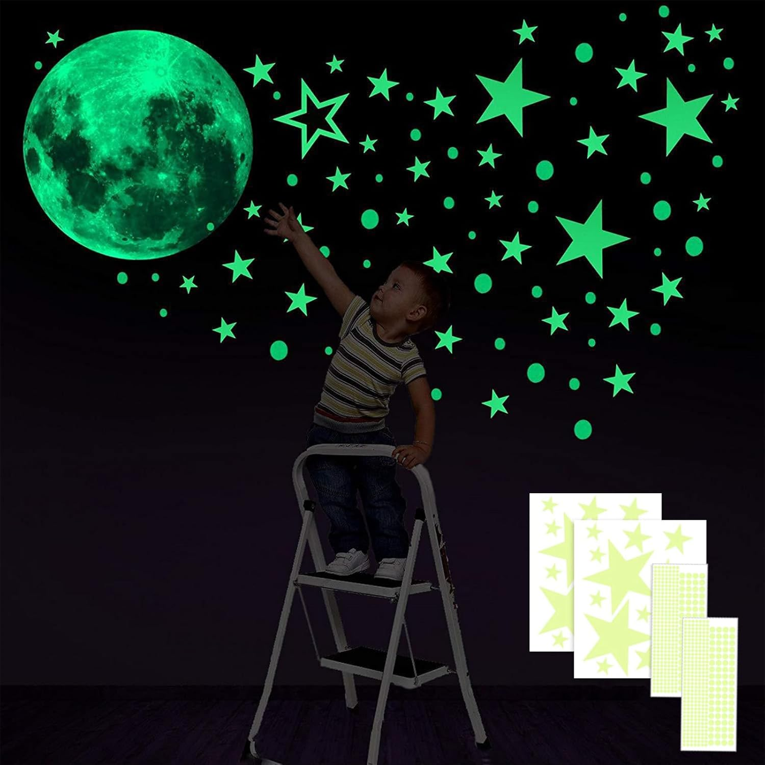 Glow in the Dark Wall Stickers,435 Pcs Glow in the Dark Stars and Moon Wall Decals,Star Stickers,For Ceiling or Walls,For Kids Boys Girl Bedroom,Bedroom Living Room Decoration (Green) image number 3