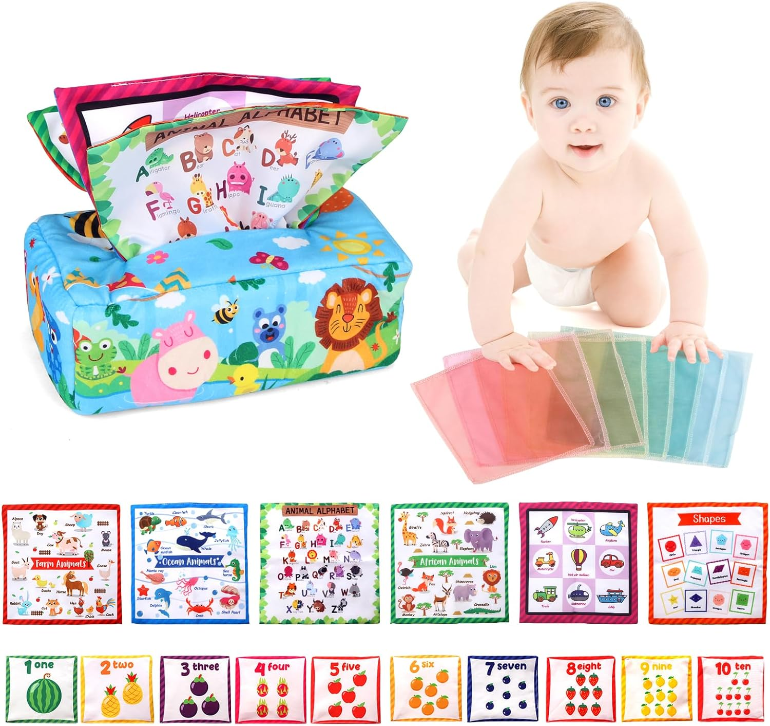 Baby Toys 0-12 Months, Tissue Box Montessori Toys for 1 Year Old, Soft High Contrast Crinkle Sensory Toys for Toddlers Infants, Early Development Activity Toys Gifts for Baby Boys Girls image number 6