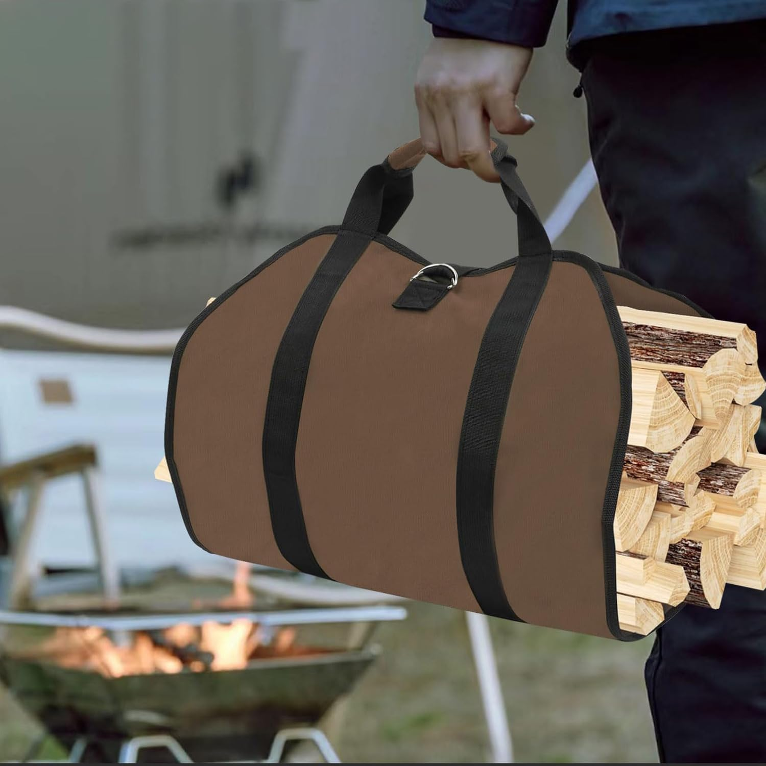 Heavy Duty Firewood Carrier Bag Large Waterproof Oxford Fabric Storage for Logs, Portable with Handles for Indoor Fireplace & Outdoor Camping, Durable Firewood Transport (Brown) image number 5