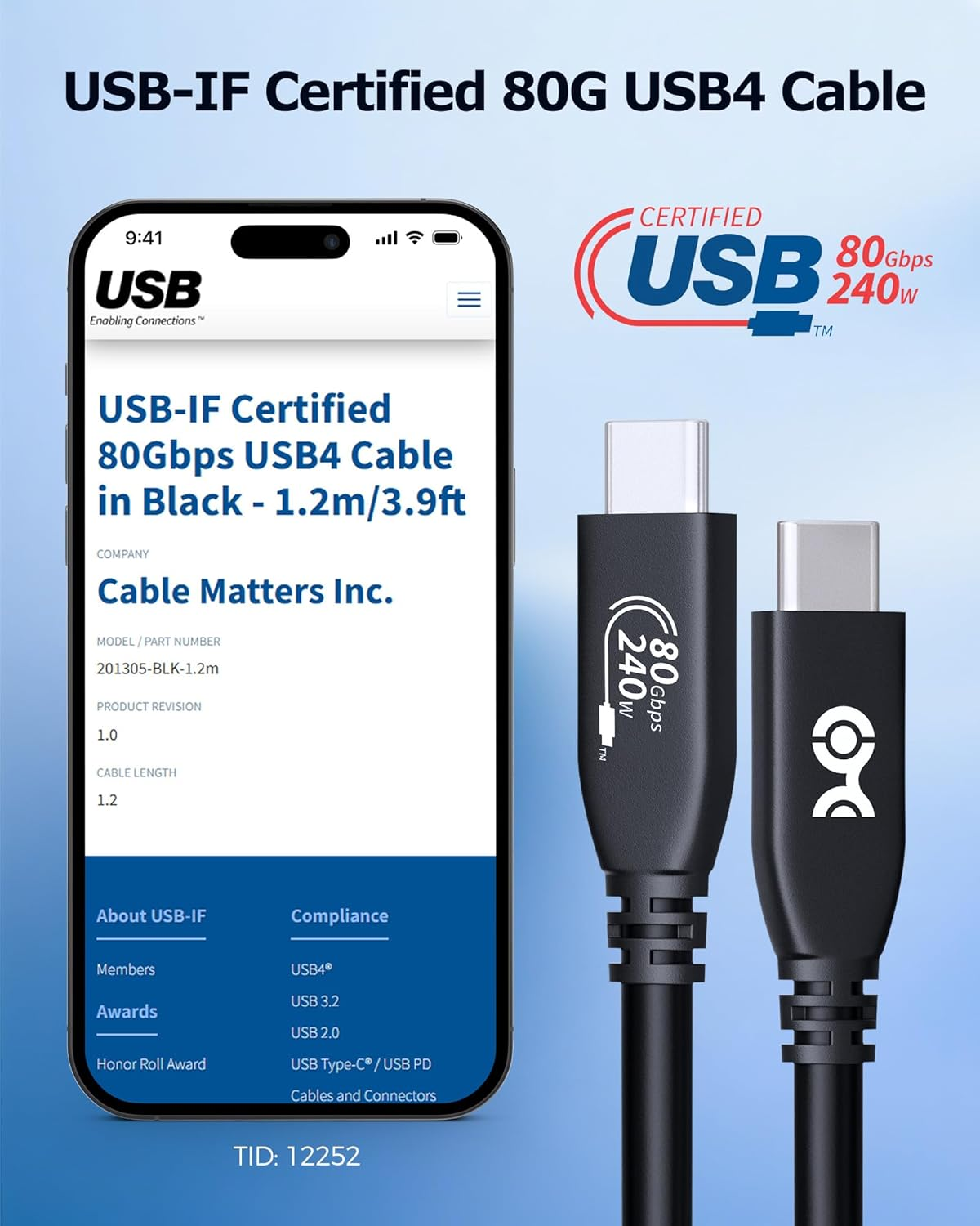 [USB-IF Certified] Cable Matters 80Gbps USB4 Cable - 1.2M, USB 4 to USBC Cable Supports [8K@120Hz / 4K@480Hz Video, 240W Charging, 80Gbps Data Transfer], Compatible with Thunderbolt 5/4, Macbook image number 6