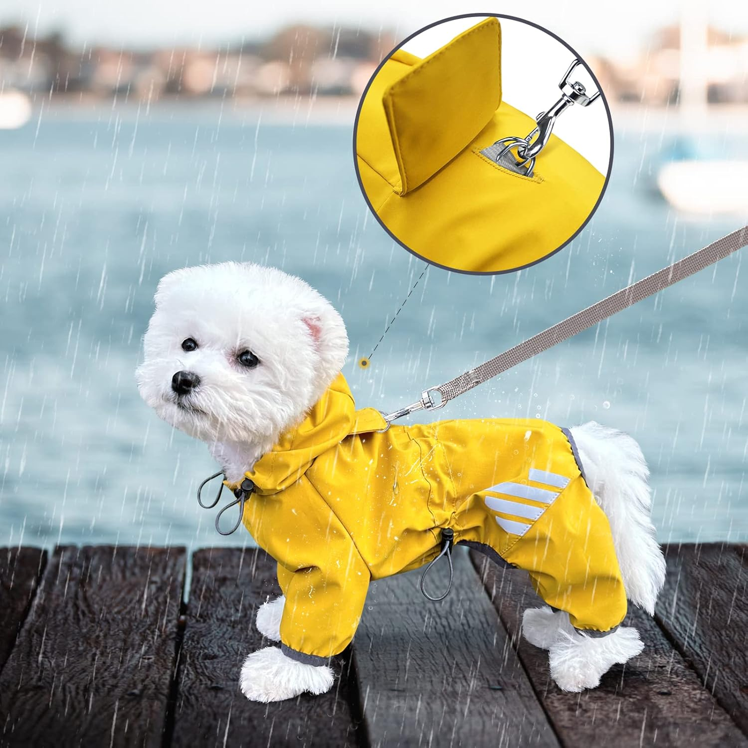 Dog Raincoat, Waterproof Dog Rain Jacket with Hood, Dog Rain Coat with Leash Hole, Reflective Strap for Small Medium Dogs, Lightweight Puppy Clothes(Yellow,M) image number 2