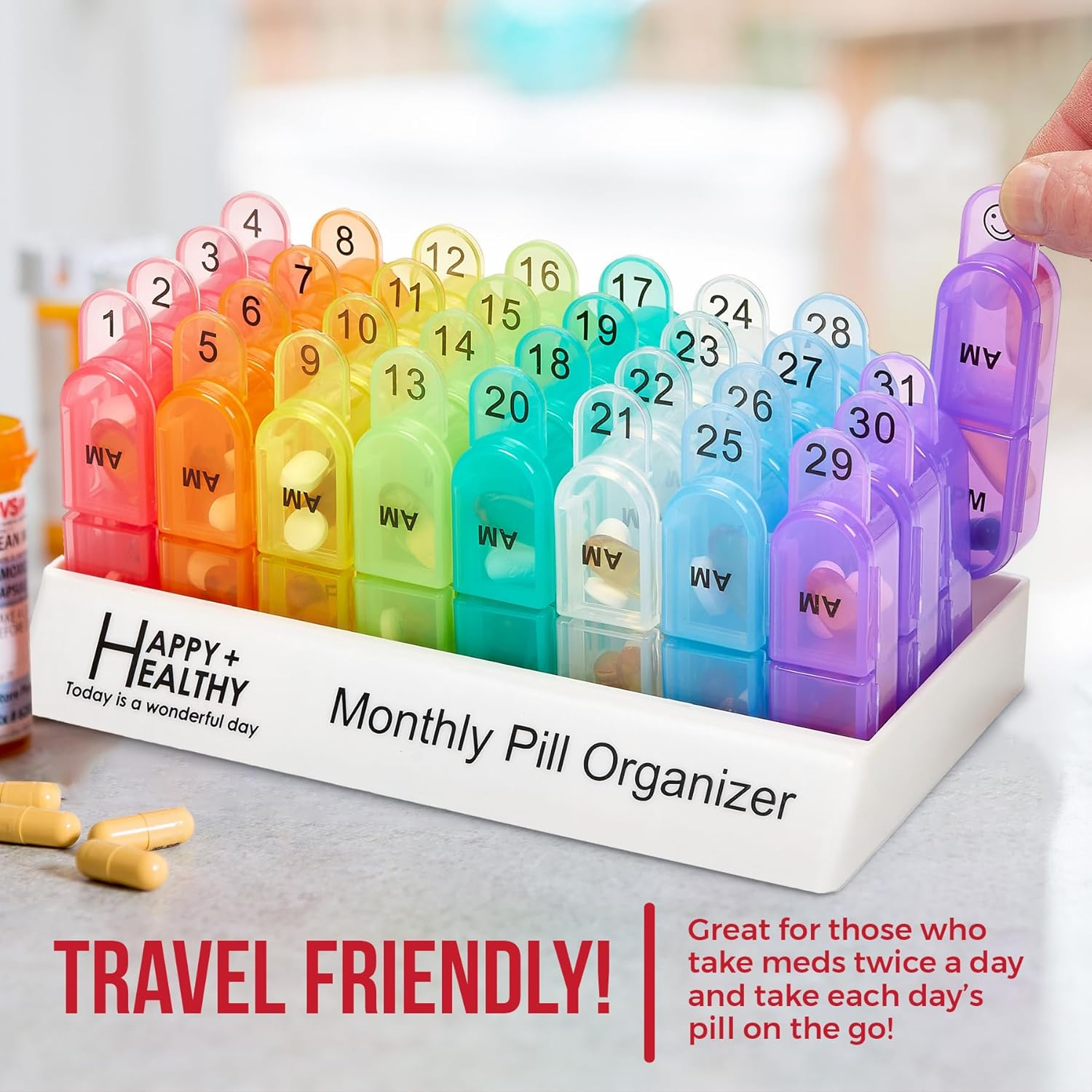 Monthly Pill Organizer 2 Times a Day, 30 Day Pill Box AM PM, Morning and Night One Month Pill Box Organizer with Daily Removable 31 Day Pill Organizers and Organizing Tray image number 1