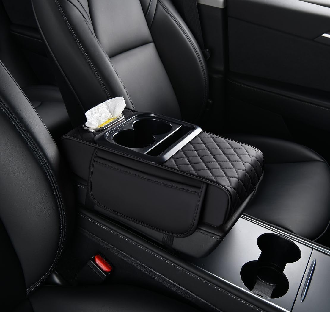 Upgrade Your Car Interior with Car Armrest Cushion - 5-In-1 Center Console Cover with Storage Bags, Cup Holder, Tissue Box Slot, Phone Slot - Premium Car Accessories for Sedans (Black) image number 5