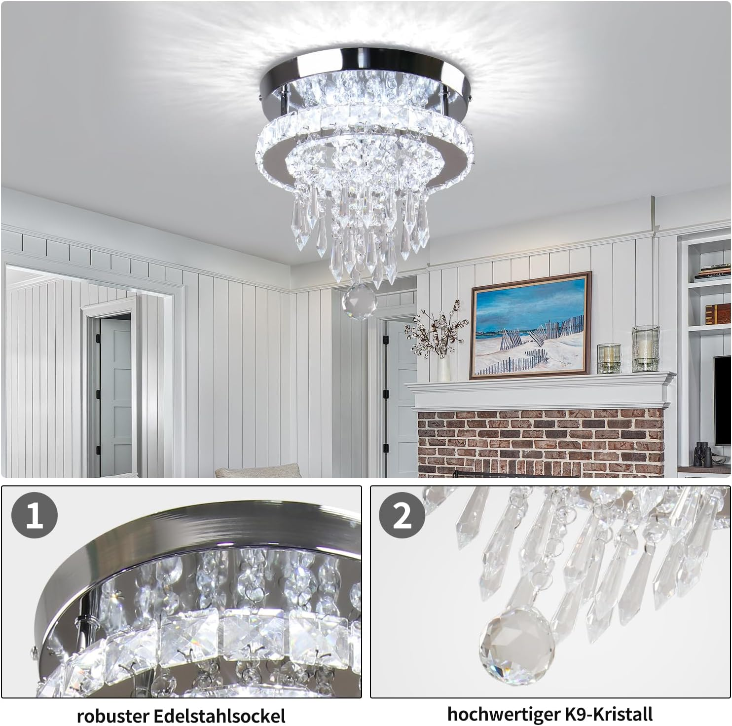 FRIXCHUR Modern LED Crystal Ceiling Light, round Crystal Chrome Ceiling Light for Bedroom, Living Room, Hallway, Kitchen (White) image number 6