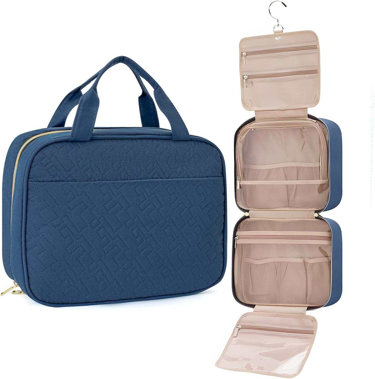 Travel Toiletry Bag for Women, Hanging Travel Bag for Toiletries, Wide-Open Makeup Pouch, Water-Resistant Large Capacity Cosmetic Travel Toiletry Organizer for Daily Use, Christmas (Blue)