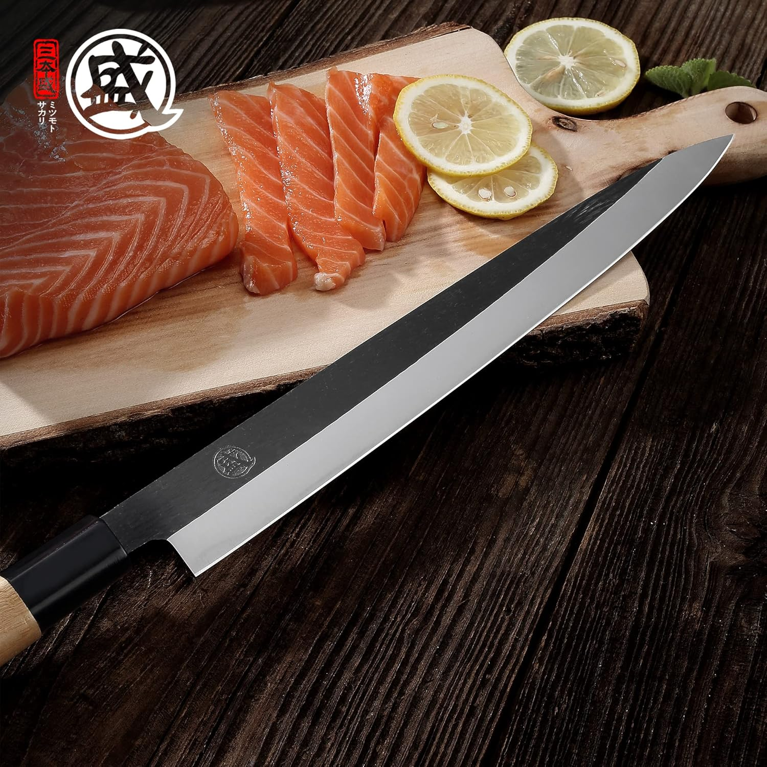 MITSUMOTO SAKARI 24 Cm Japanese Knife, Tungsten Alloy Kitchen Chef Knife, Professional Hand Forged Sashimi Knife Sushi Knife (Fraxinus Mandshurica Handle & Paper Box Package) image number 4