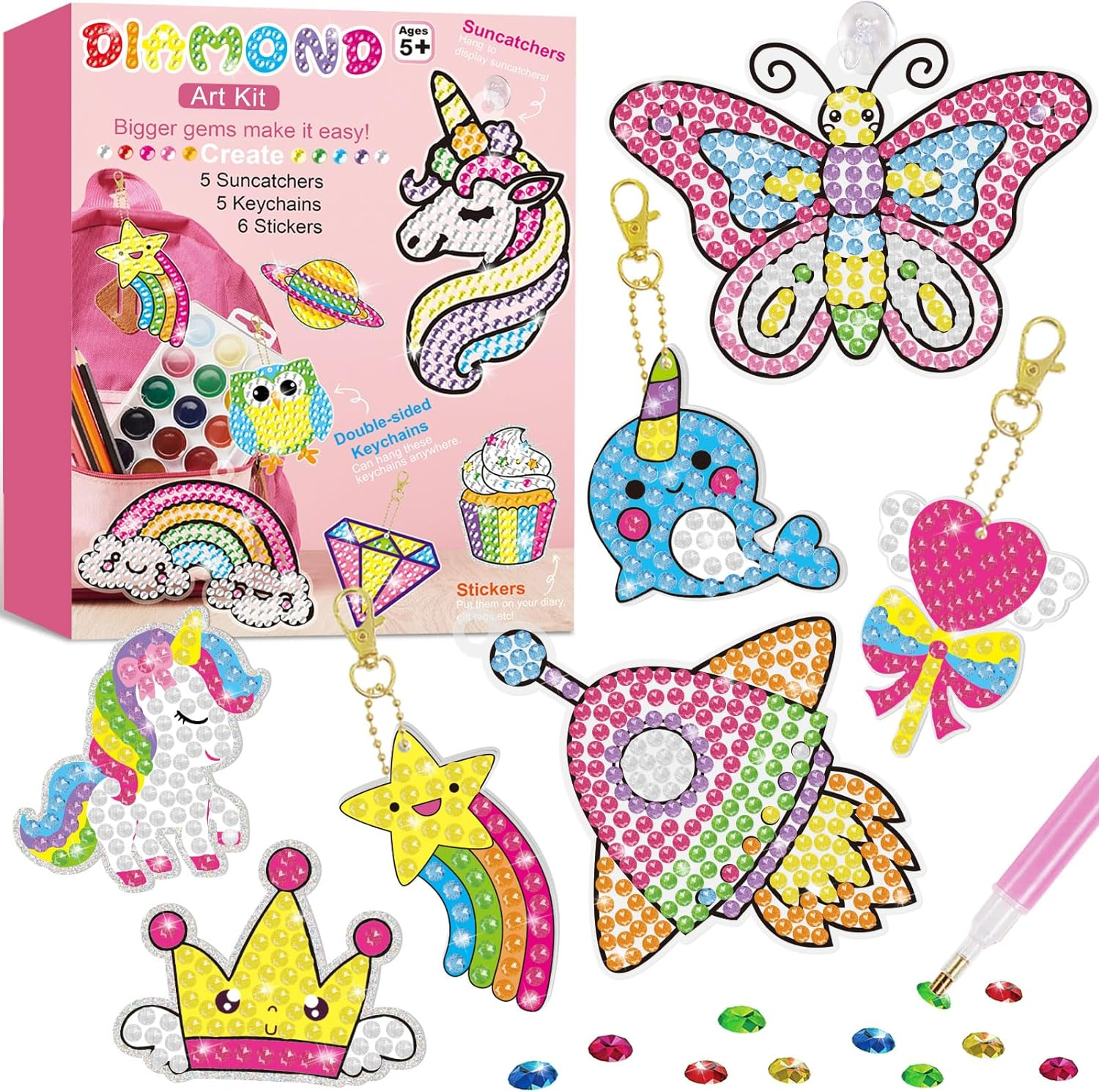 BANBBUR 16 Pcs Gem Art Kit for Kids Age 4-8, 8-12 - 5D Gem Diamond Art with 5 Suncatchers/5 Keychains/6 Magical Stickers - Painting Crafts for Christmas image number 5