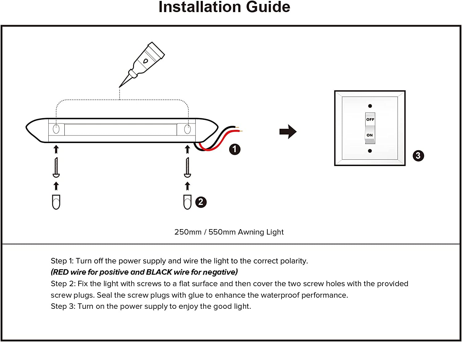 Dream Lighting 12V DC 250Mm Watreproof LED Awning Light Auto Camper Trailer Caravan Boat PC Cover Annex Wall Lamps 350 Lumens Black Shell Indoor Outdoor Camping Strip Lighting Cool White image number 2